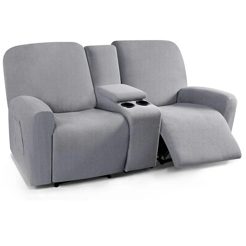 Solid Color Recliner Covers All-inclusive Loveseat Center Console Sofa Covers Elastic 2Seater Couch Slipcovers with Cup Holder