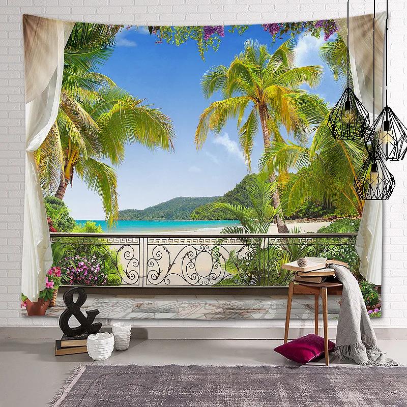 New Landscape Tapestry Tree Hole Window Beautiful Wall Cloth Green Forest  Background Painting
