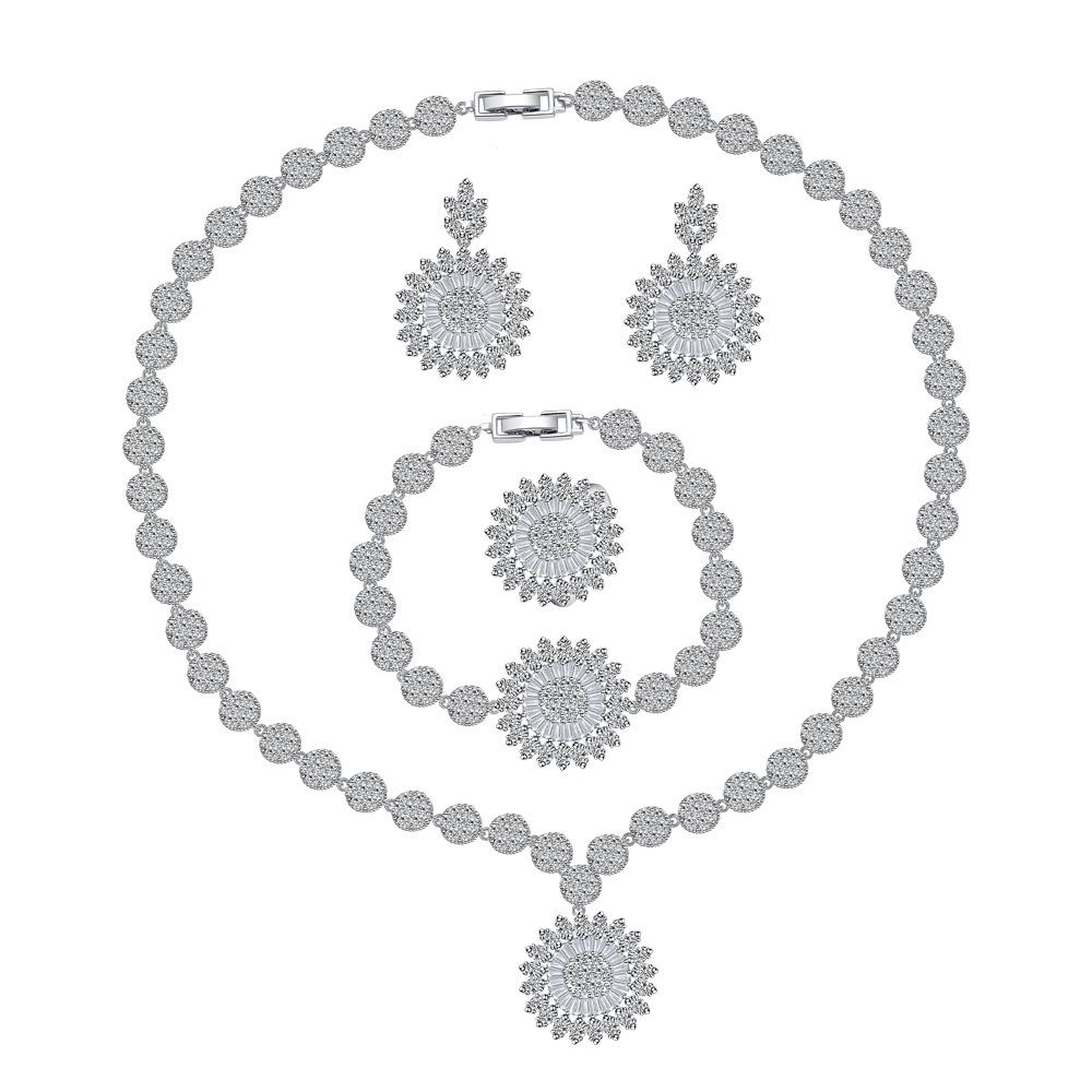 Flower Zircon Necklace Earrings Bracelet Ring Four-Piece Set Bridal Clothes Wedding Accessories Set Chain