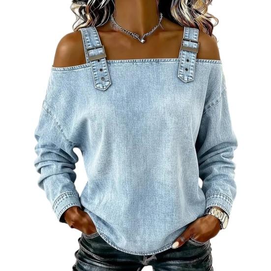 

Women Shirt Adjustable Straps Off Shoulder Long Sleeve Pullover Tops Pure Color Denim Tops Travel Leisure Daily Wear S світло-синій колір