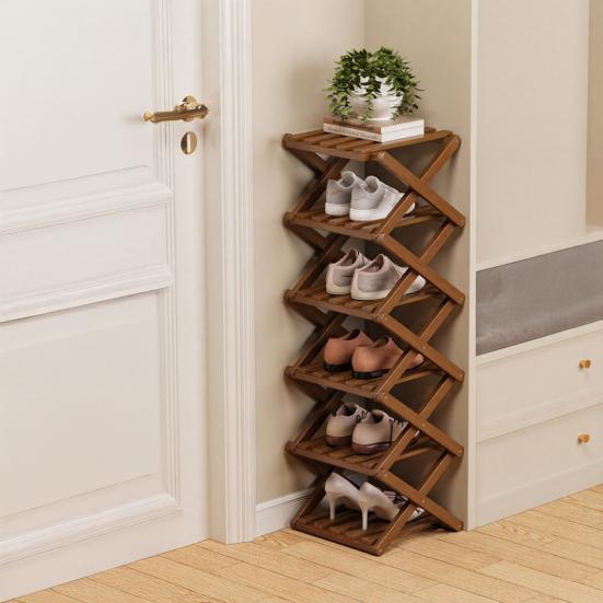 Wooden Folding Shoe Rack No Assembly 2/3/4/5/6/7 Tiers Bamboo Corner Shoe Rack Hallway Entryway Small Space Shoe Organizer Shelf