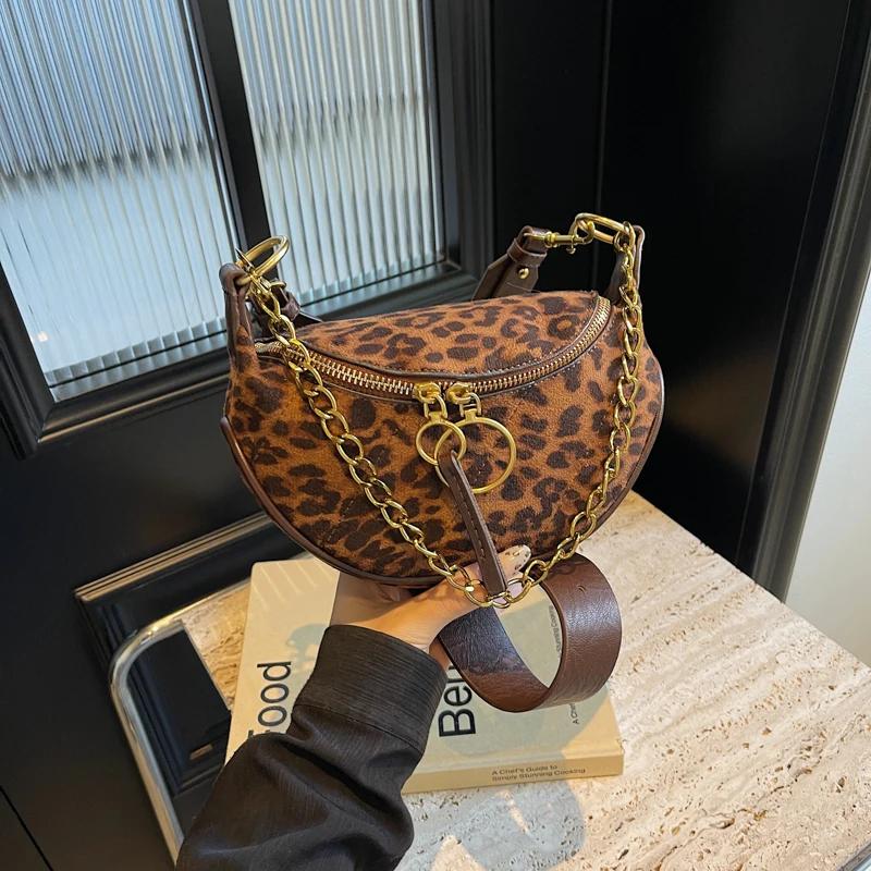 Leopard faux suede hobo shoulder bags fashion wide straps designer style sense of luxury chains crossbody feminine bags