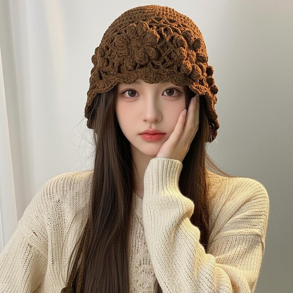 Hand-crocheted Flower Fringed Wool Hat Women's Autumn and Winter Western Sichuan Travel Versatile Fashion Show Face Small Knitted Headgear