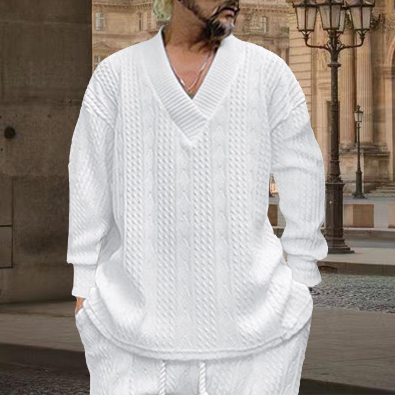 2025 Men's Casual Autumn V-neck Jacquard Knit Sweater - Loose Long Sleeve Pullover