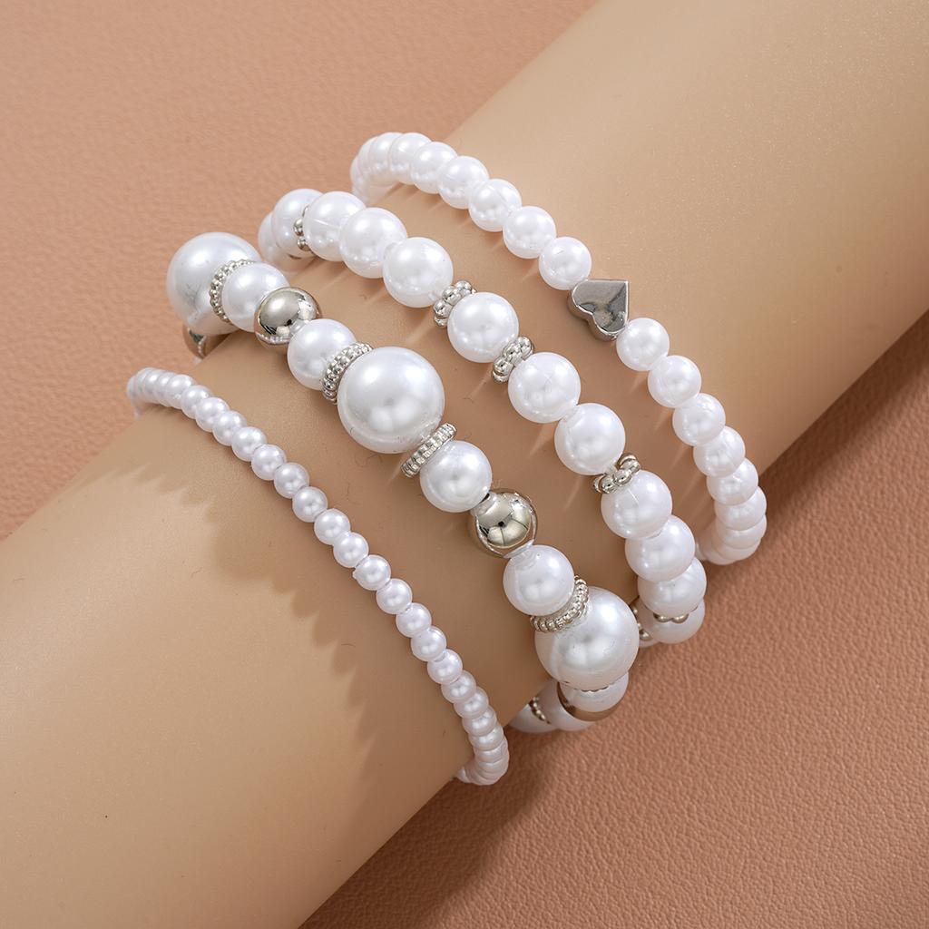 4Pcs/Set Imitation Pearl Heart Beads Bracelets Set for Women Simple Silver White Color Versatile Bracelets Fashion Party Jewelry