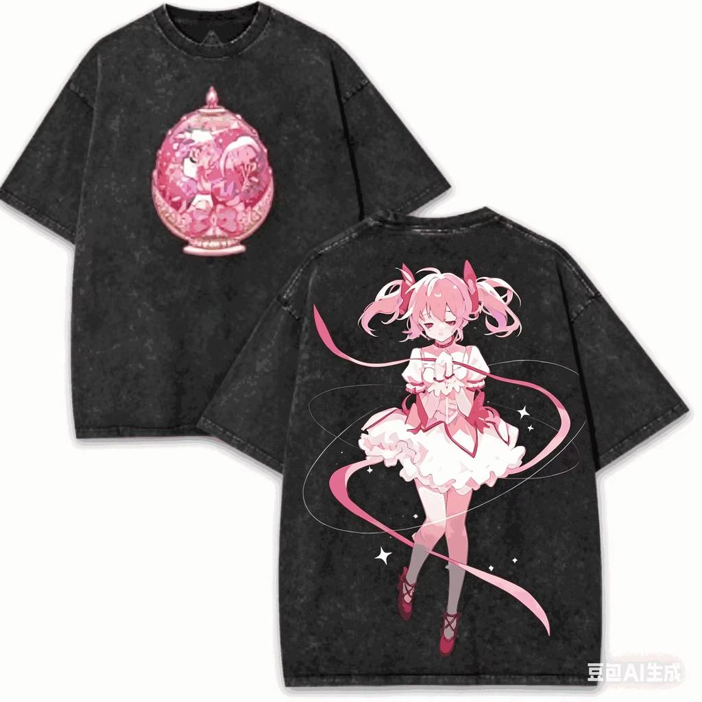 2026 Puella Magi Madoka Magica Madoka Kaname Vintage Washed Printed Loose Pure Cotton Short Sleeve Fan T-shirt