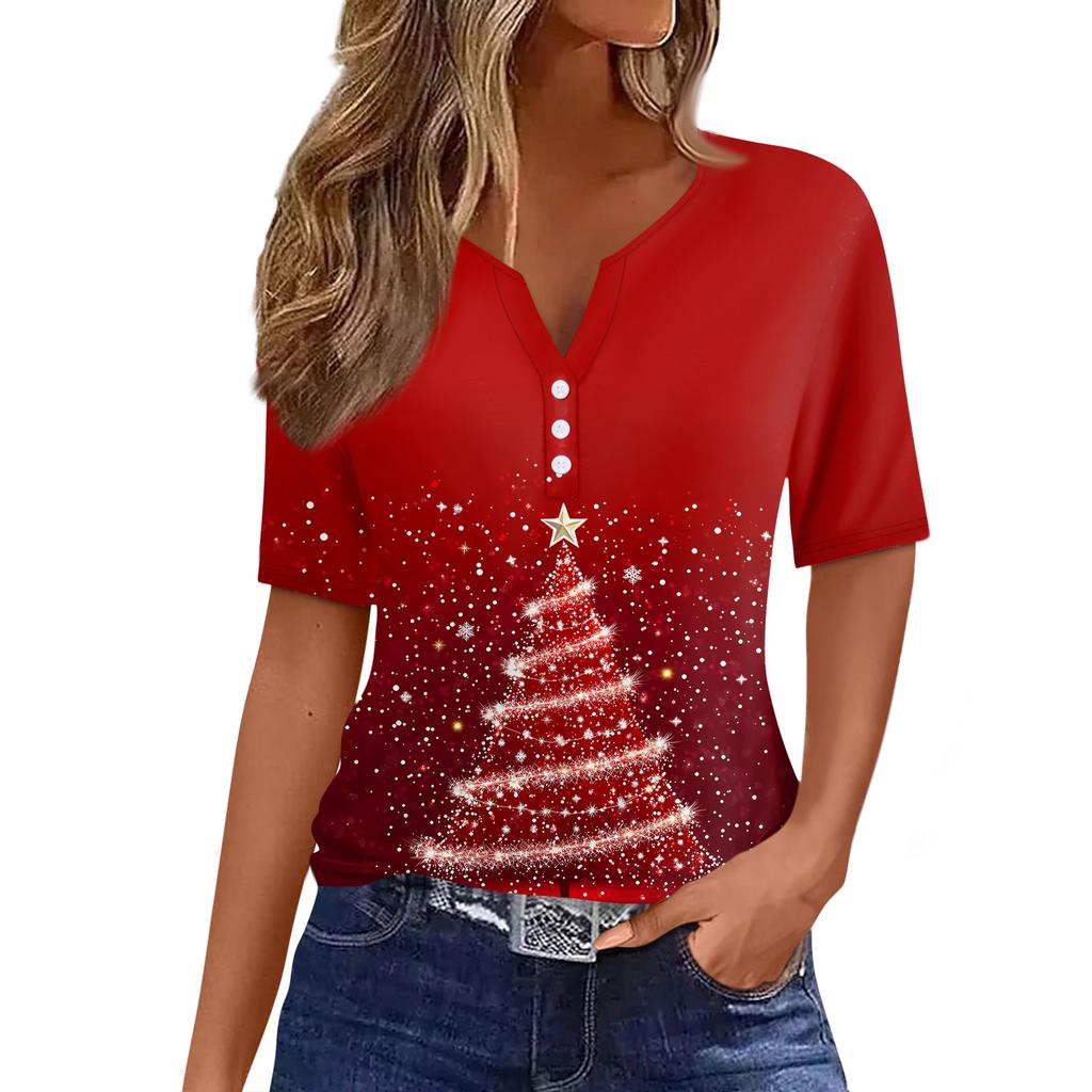 Women's T Shirt Christmas Print Button Short Sleeve Daily Weekend Fashion Basic V- Neck Regular Top