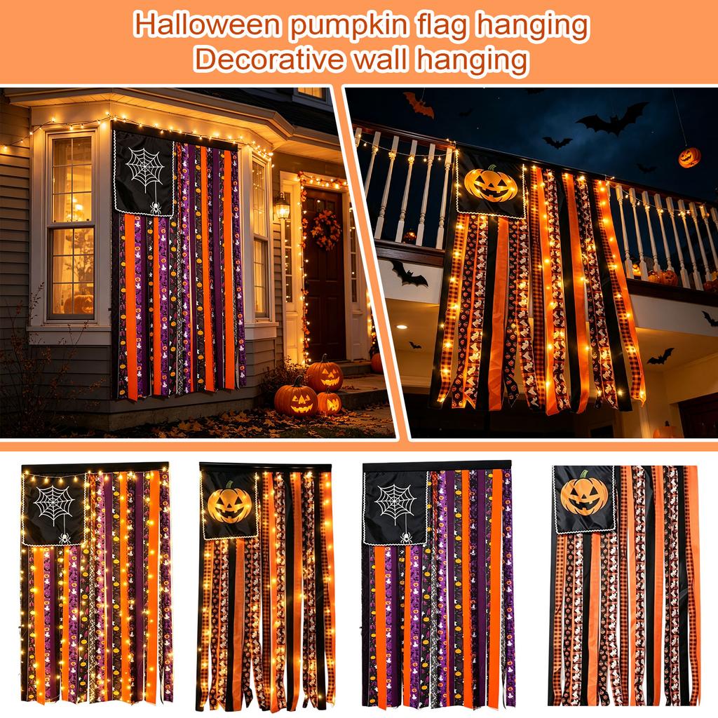 Halloween Pumpkin Hanging with Orange Black Plaid Fabric Tassels for Door Party Decoration