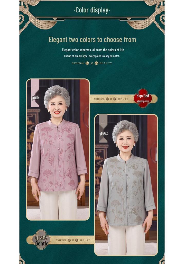 Chiffon Summer Shirt for Elderly Women: Chinese Style Round Neck Fashion.