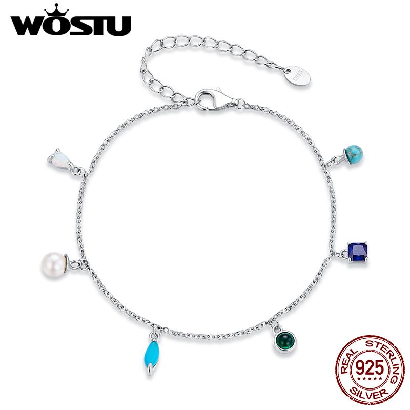 WOSTU 925 Sterling Silver Multi-Stone Bracelet Pearl Opal Turquoise Beaded Chain Boho Colorful Jewelry Gift for Women