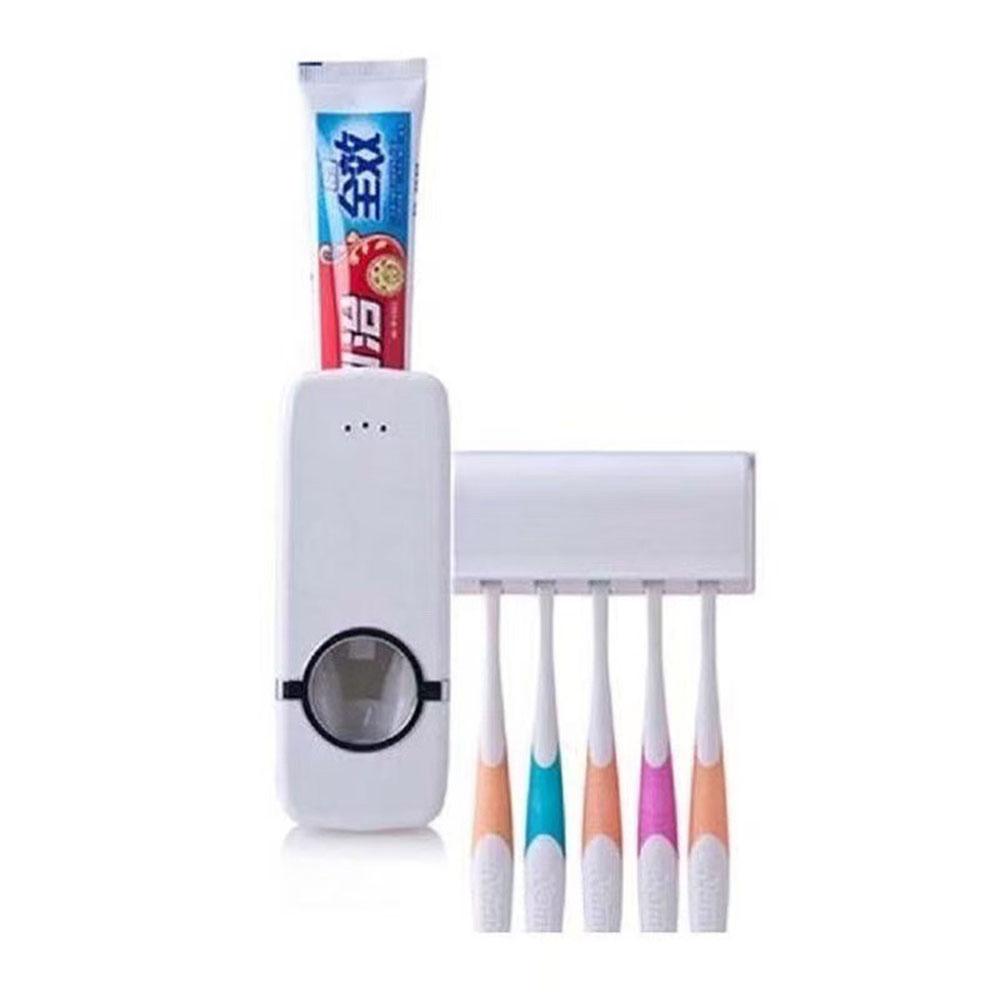 Automatic Toothpaste Dispenser with Squeezer & 5 Toothbrush Holder - Bathroom Accessory