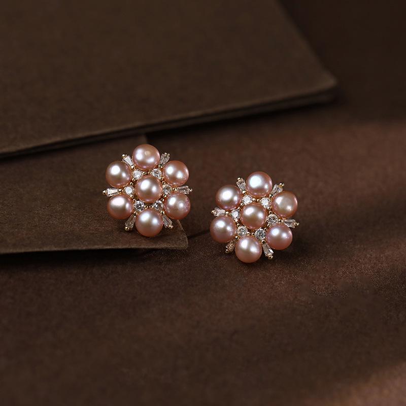 Elegant Freshwater Pearl & Zircon Firework Stud Earrings with Sterling Silver Posts.