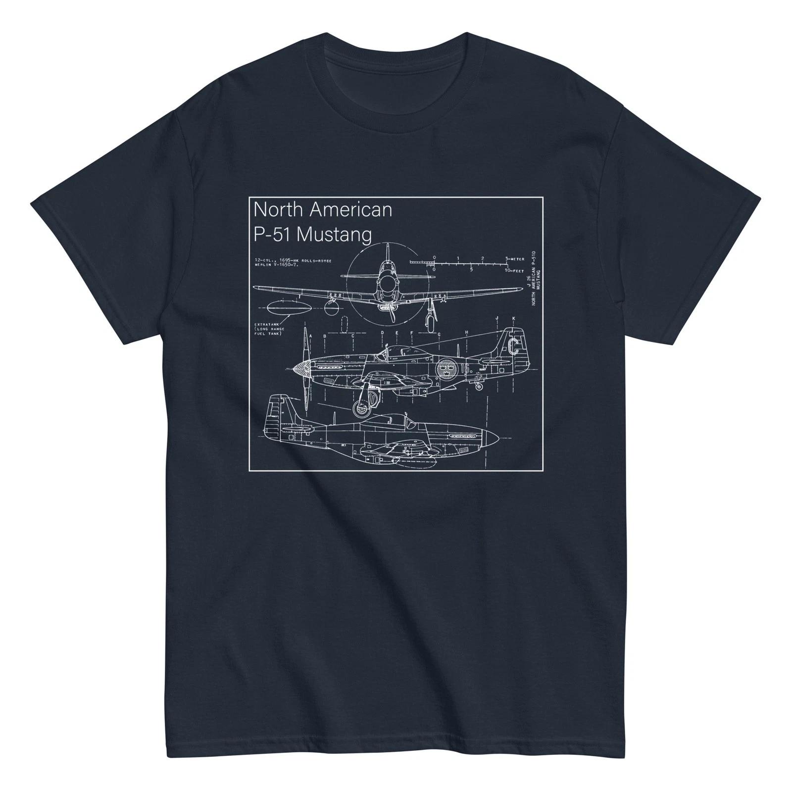 North American P-51 Mustang WWII US Fighter Blueprint T-Shirt M