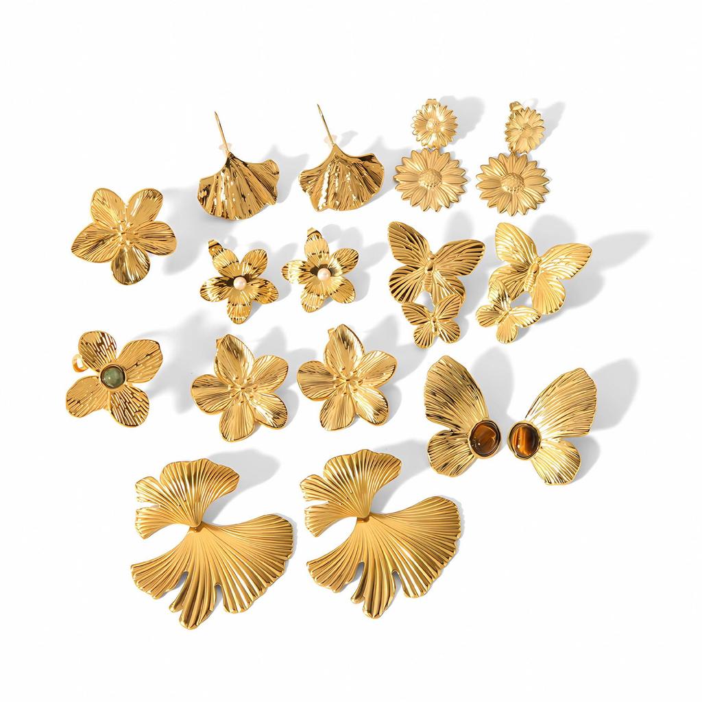 Retro Gold Stainless Steel Butterfly Flower Earrings