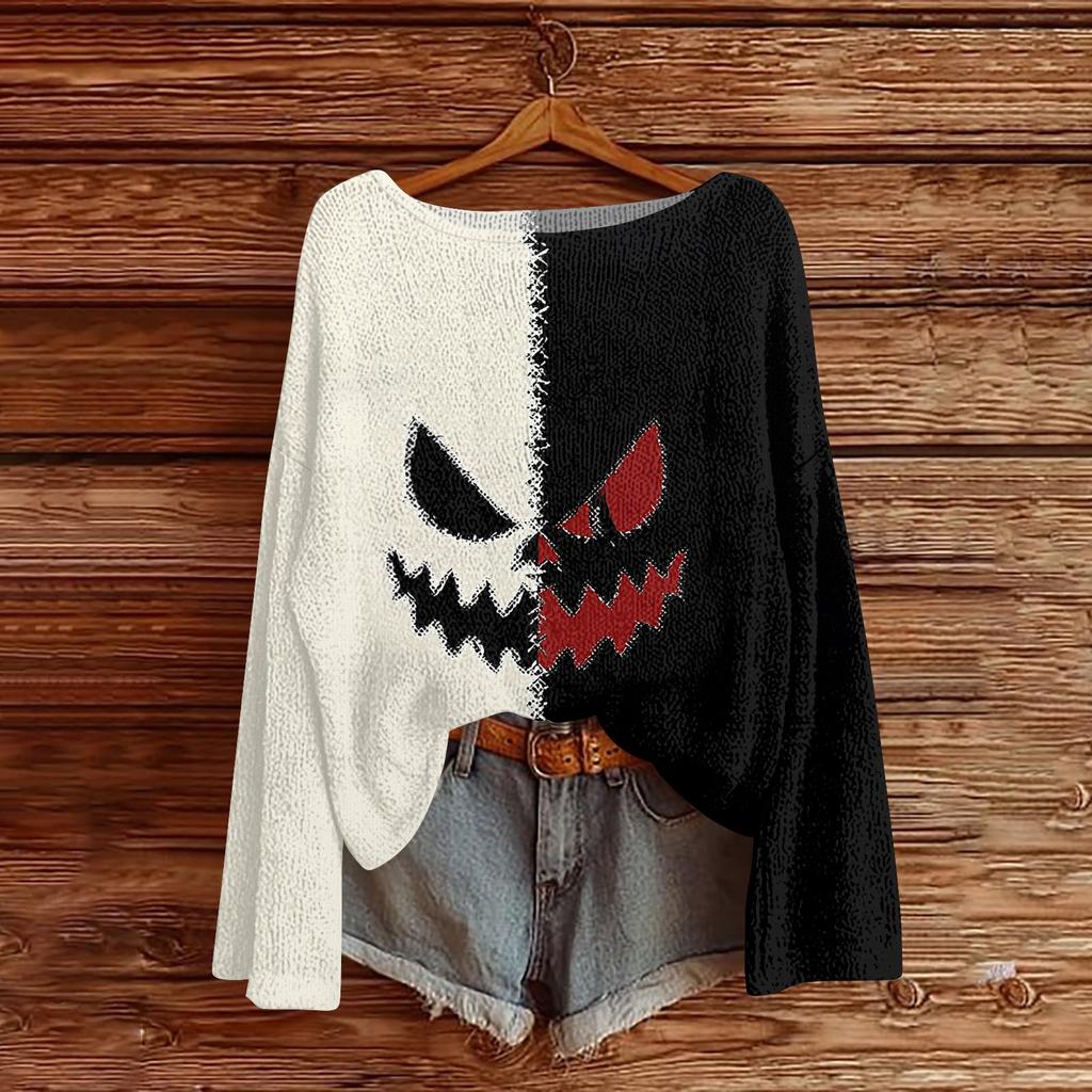 Women's Long Sleeve Halloween Print Crewneck Knit Pullover Sweater for Casual Daily Wear