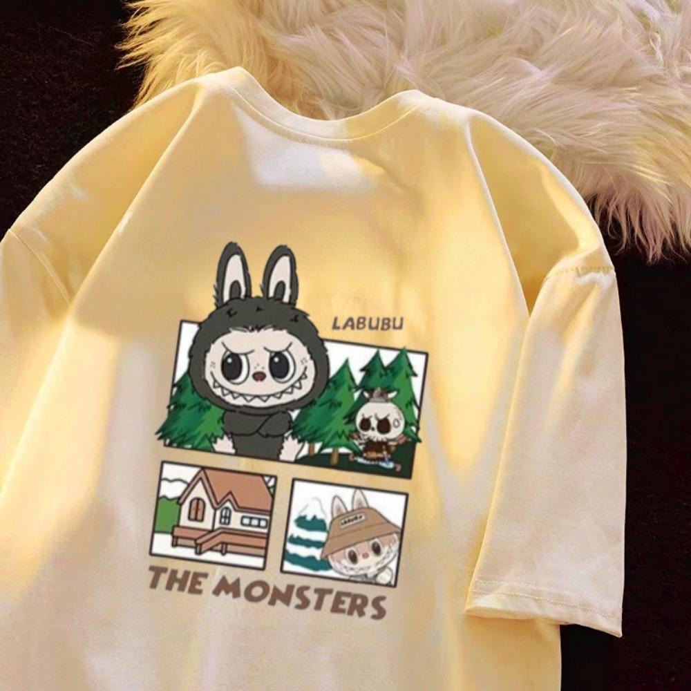 

LABUBU Printed Women s Round Neck Short Sleeve Fashion Versatile T-shirt Summer Casual Street Top M