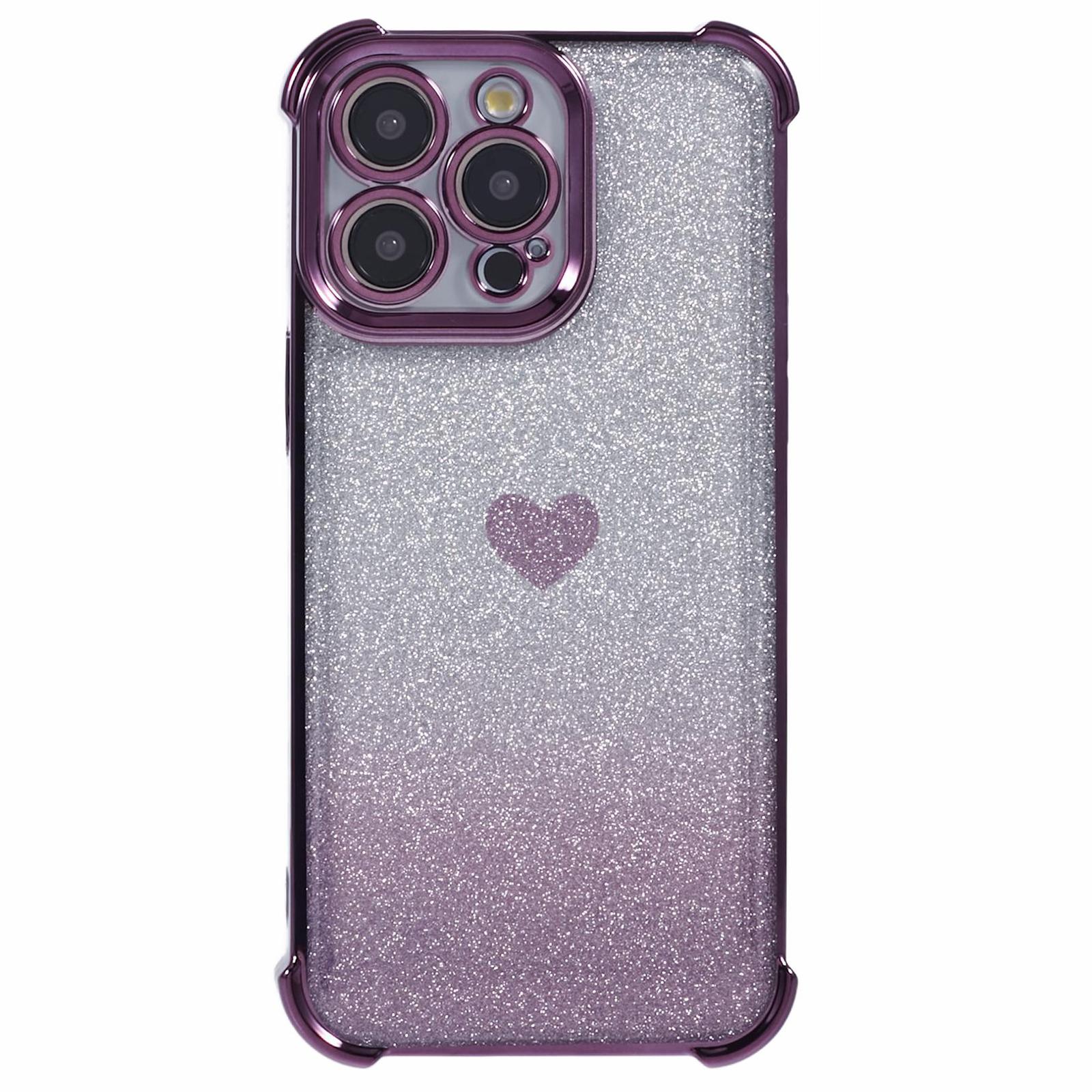 

TPU Phone Shell for iPhone 13 Pro Drop Protection Phone Case Heart Pattern Glittery Powder Phone Cover Dark Purple