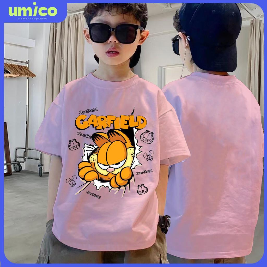 Boys' T-shirt paired with cool Garfield print fashionable summer round neck top