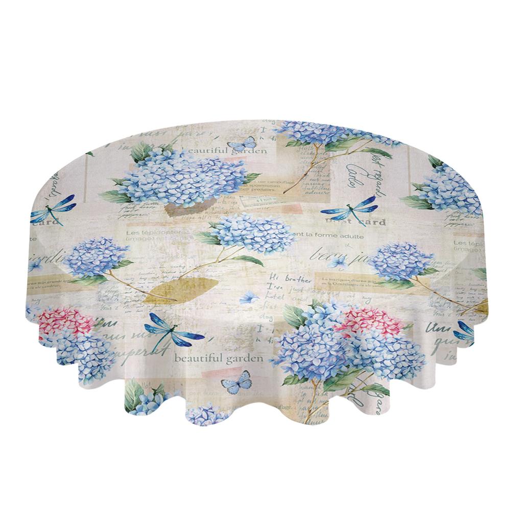 Spring Hydrangea Flower Dragonfly Vintage Round Tablecloth Waterproof Table Cover For Wedding Party Decor Dining Table Cover