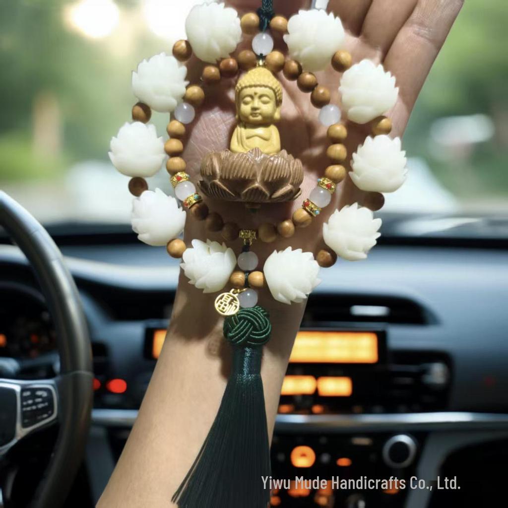 Boxwood Lotus Buddha Car Pendant: Good Luck Rearview Mirror Ornament for Men and Women