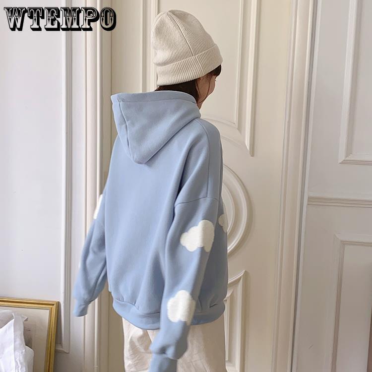 Koreanisches Sweatshirt Damen Winter Wolken Pullover Damen Plus Samt Warm Langarm Oberteile Lässige Kapuzenpullover