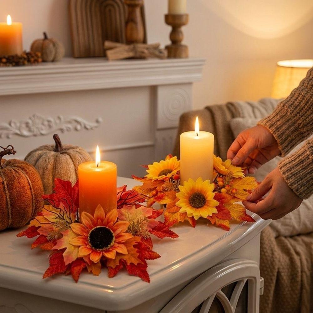 Plastic Circular Sunflower Maple Candle Ring Wreath Harvest Pillar Candle Surround Ring  Home Decor