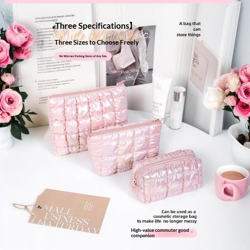 Iridescent Pink Puffy Makeup Bag With Bubble Grid Design Large Capacity For Travel Daily Cosmetic Storage