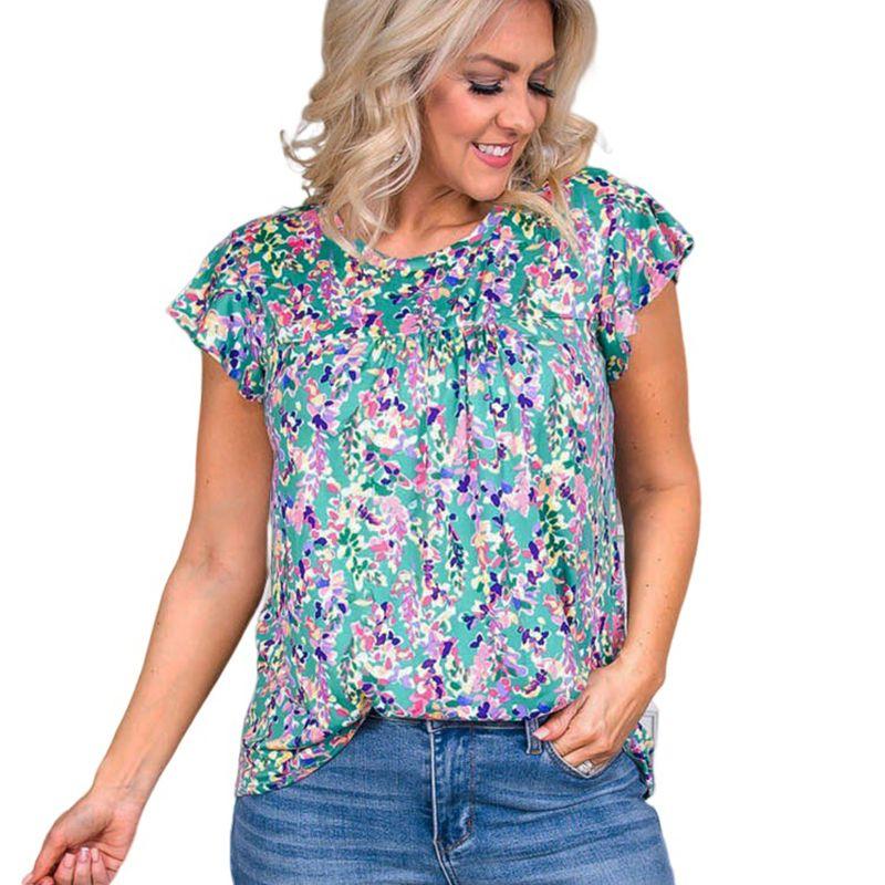 

2024 Summer New Arrival Ruffles Chiffon Shirt Women European and American National Style Florals Print Figure Flattering Short Sleeve Top Women LC25121192-Blue S code fits (45.00 kg-55.00 kg