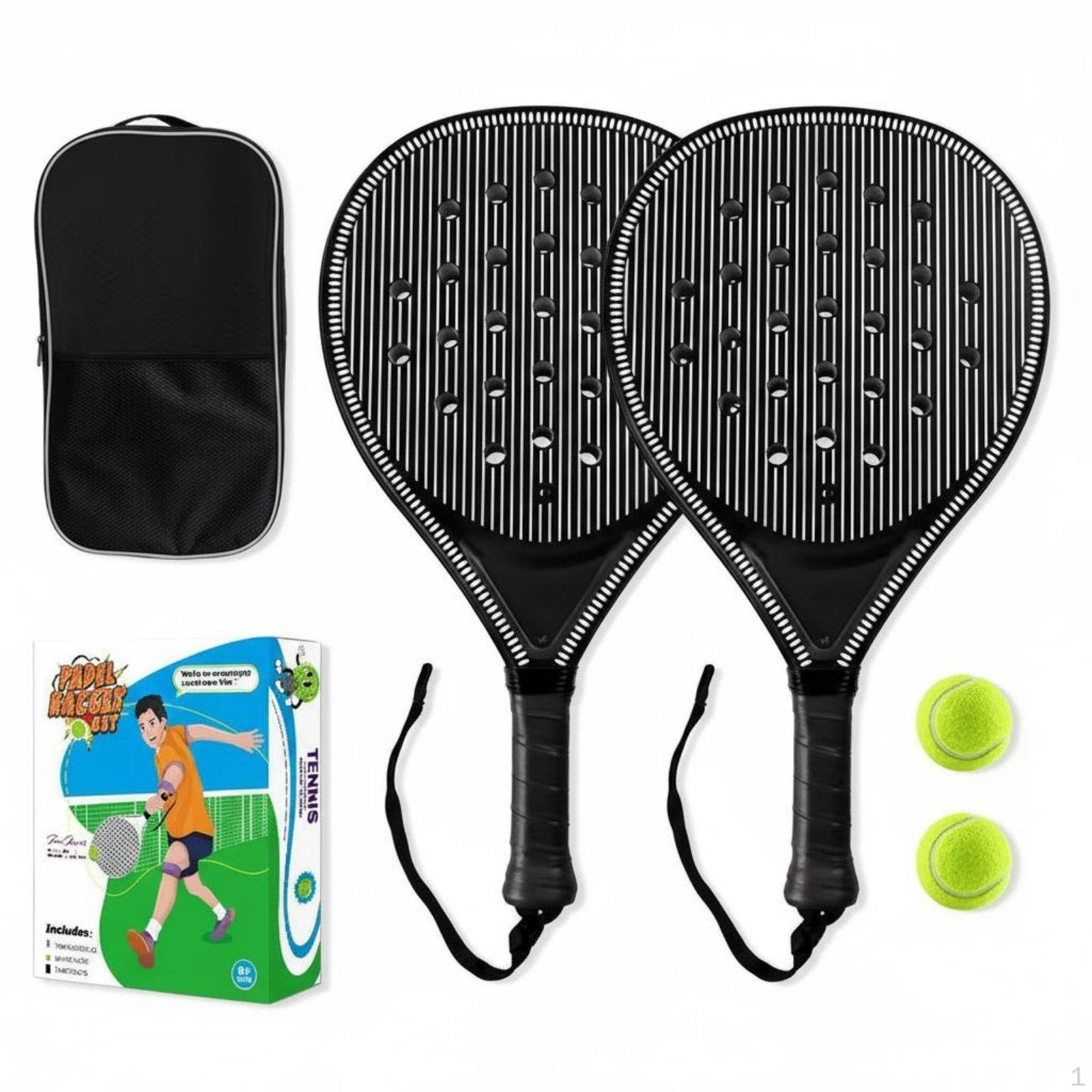 Outdoor Paddleball Racket NonSlip Grip Paddle Set High Face Coastal Game Black 2 Rackets 2 Balls