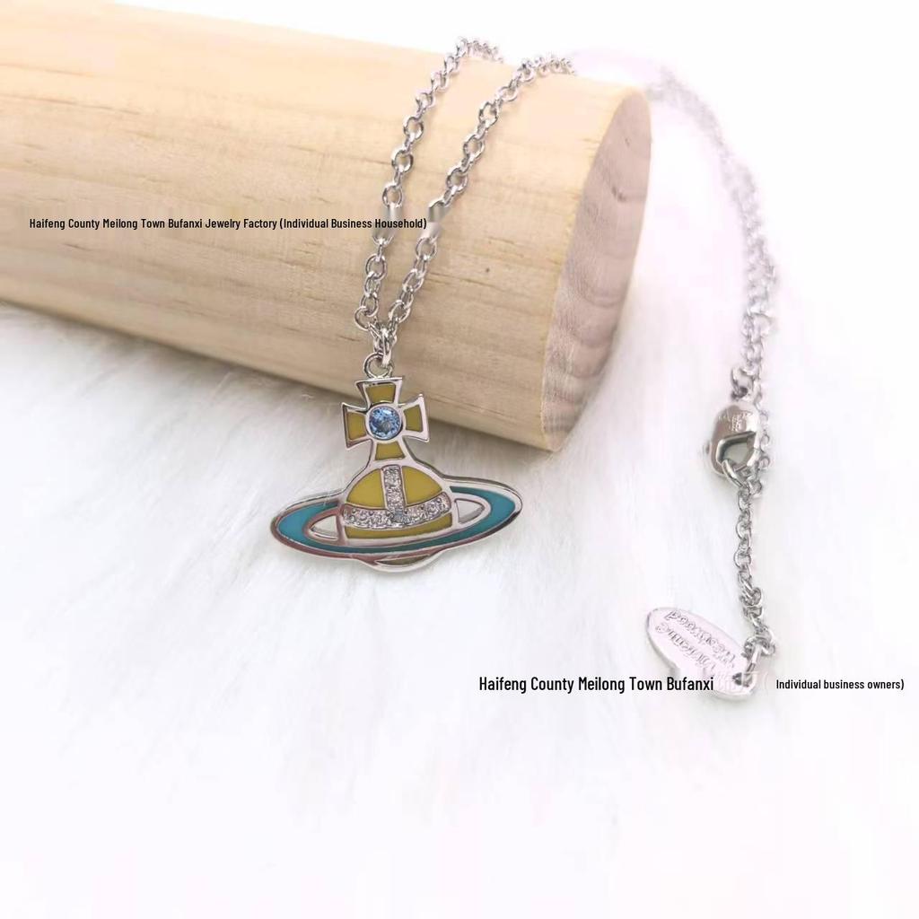 Concetta Cixi Glass Saturn Set: Necklace, Bracelet, Stud Earrings - Women's Luxurious Punk Clavicle Chain