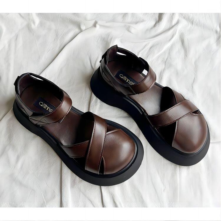 Fashion Summer Women Shoes Black Flat Leather Fashion Sandals Lace up Thick Soled Ankle Strap Sandals For Women Pinch Toe Flip Flops