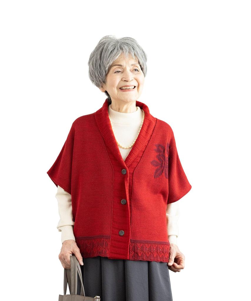 Cocowaku Made In Japan Cashmere Blend Knit Bolero Cardigan with Floral Pattern and Shoulder Perfect Gift for Women In Their and 80s Pads, 60s, 70s,