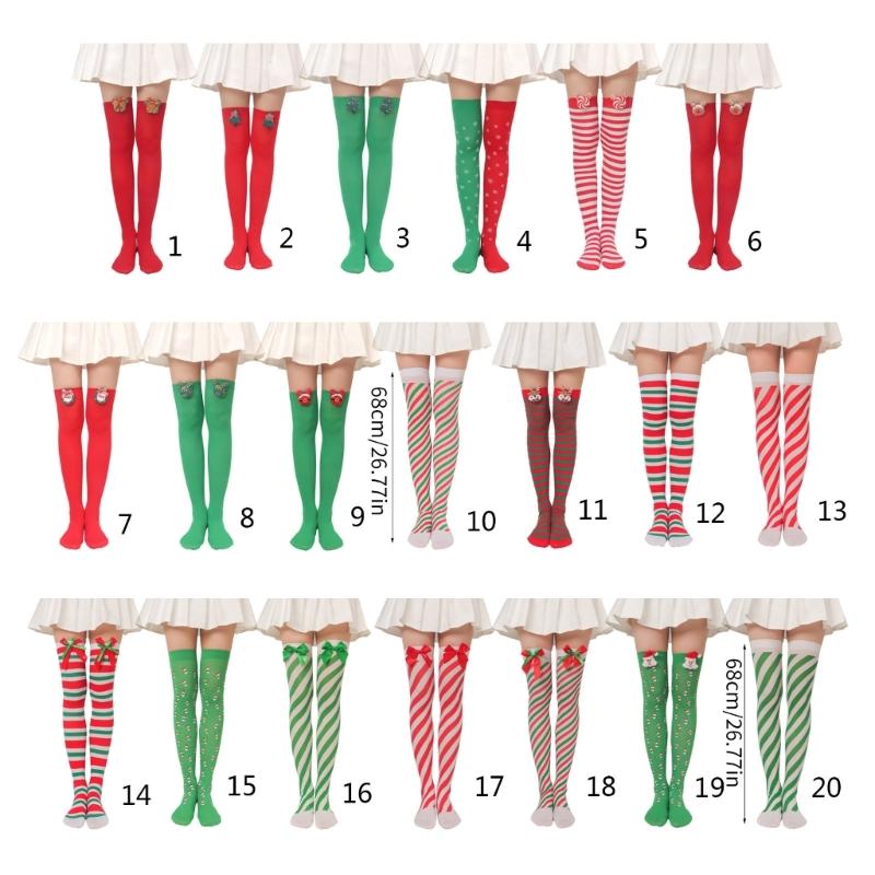 Women Christmas Silky Over Knee Long Socks Cute 3D Plush Toy Bowknot Diagonal Striped Holiday Party Thigh High Stockings