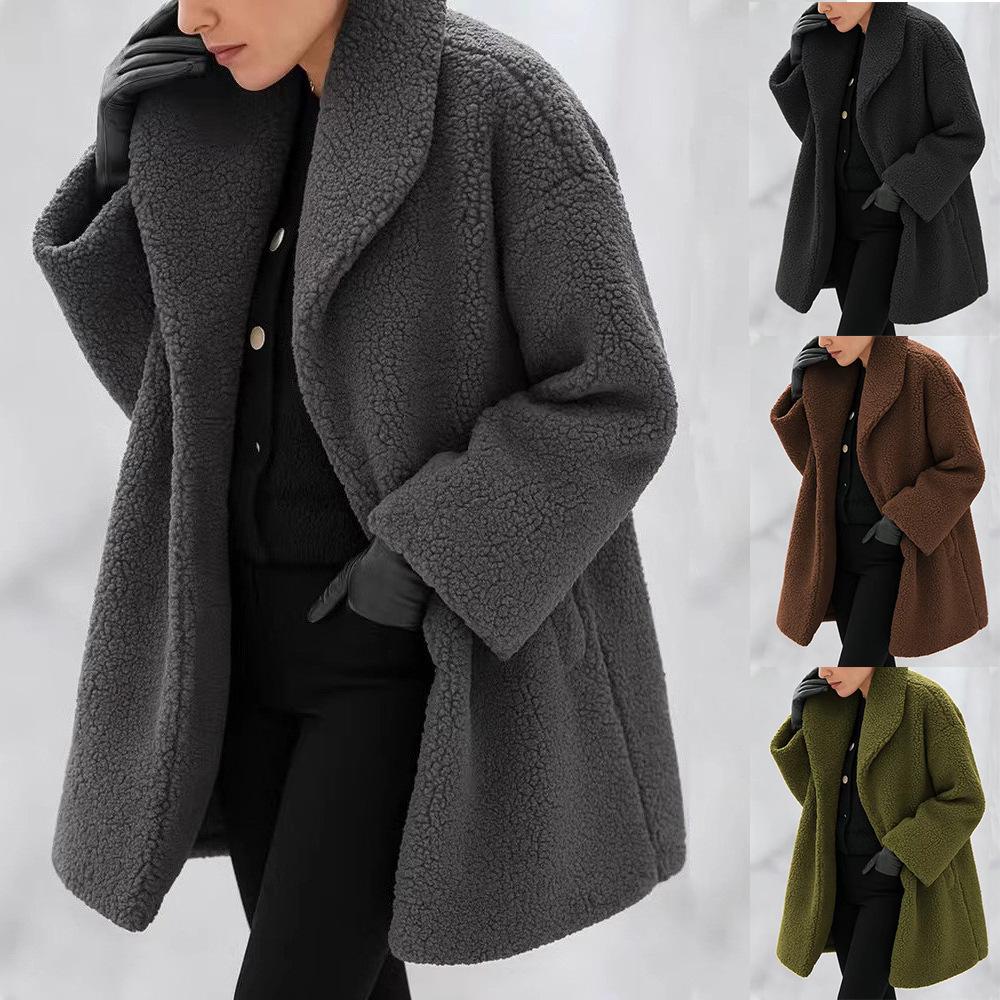 2025 Casual Lapel Long Sleeve Cardigan Long Multicolor Women's Plush Windbreaker Jacket