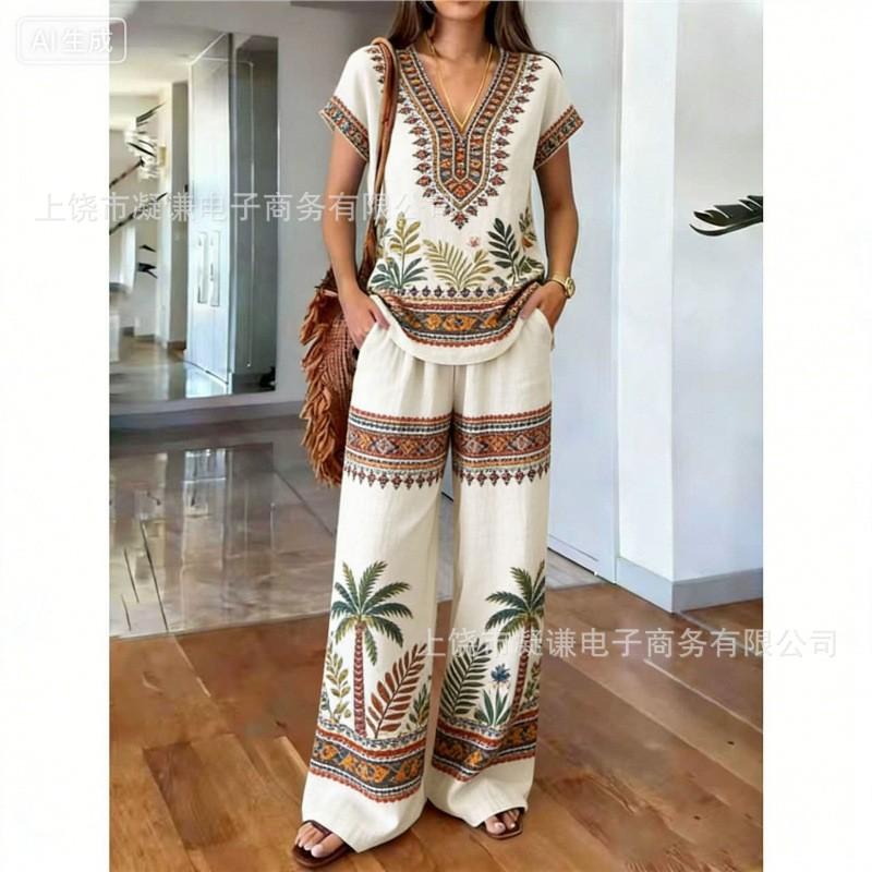 Y116 Summer Loose Top Wide-leg Pants Two-piece Women's Clothing European and American Fashion Suit