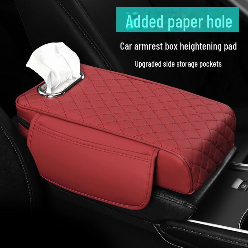 Nappa Leather Diamond-Stitched Car Armrest Cushion with Tissue Storage