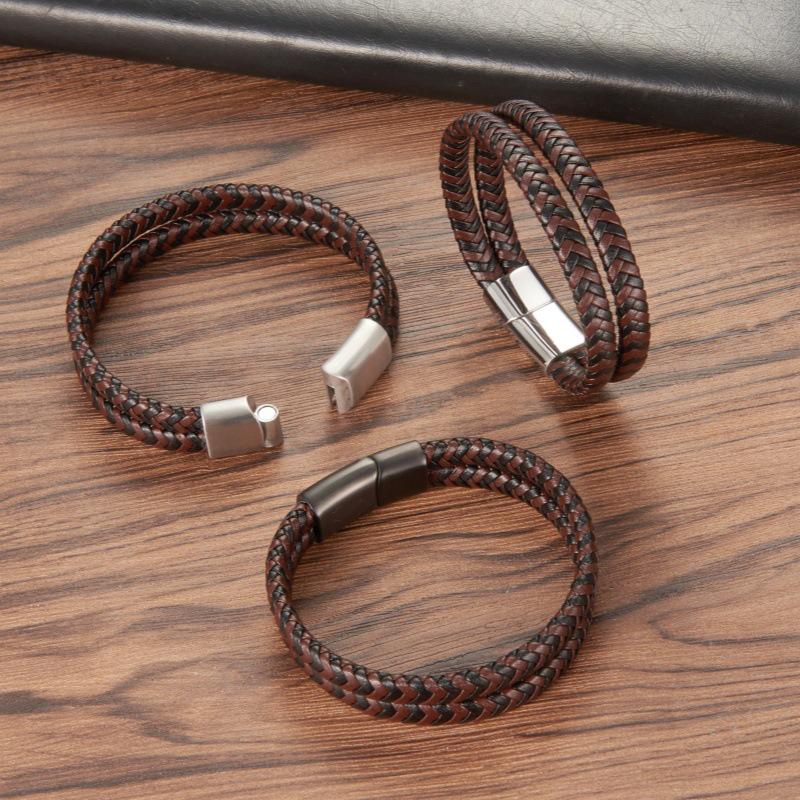 Men's Retro Woven Leather Bracelet with Stainless Steel Magnetic Clasp