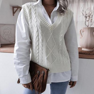 Vrouwen Lente Herfst Gebreid Vest Trui Truien Top V-hals Twist Kraag Mouwloos Losse Taille Effen Kleur SL