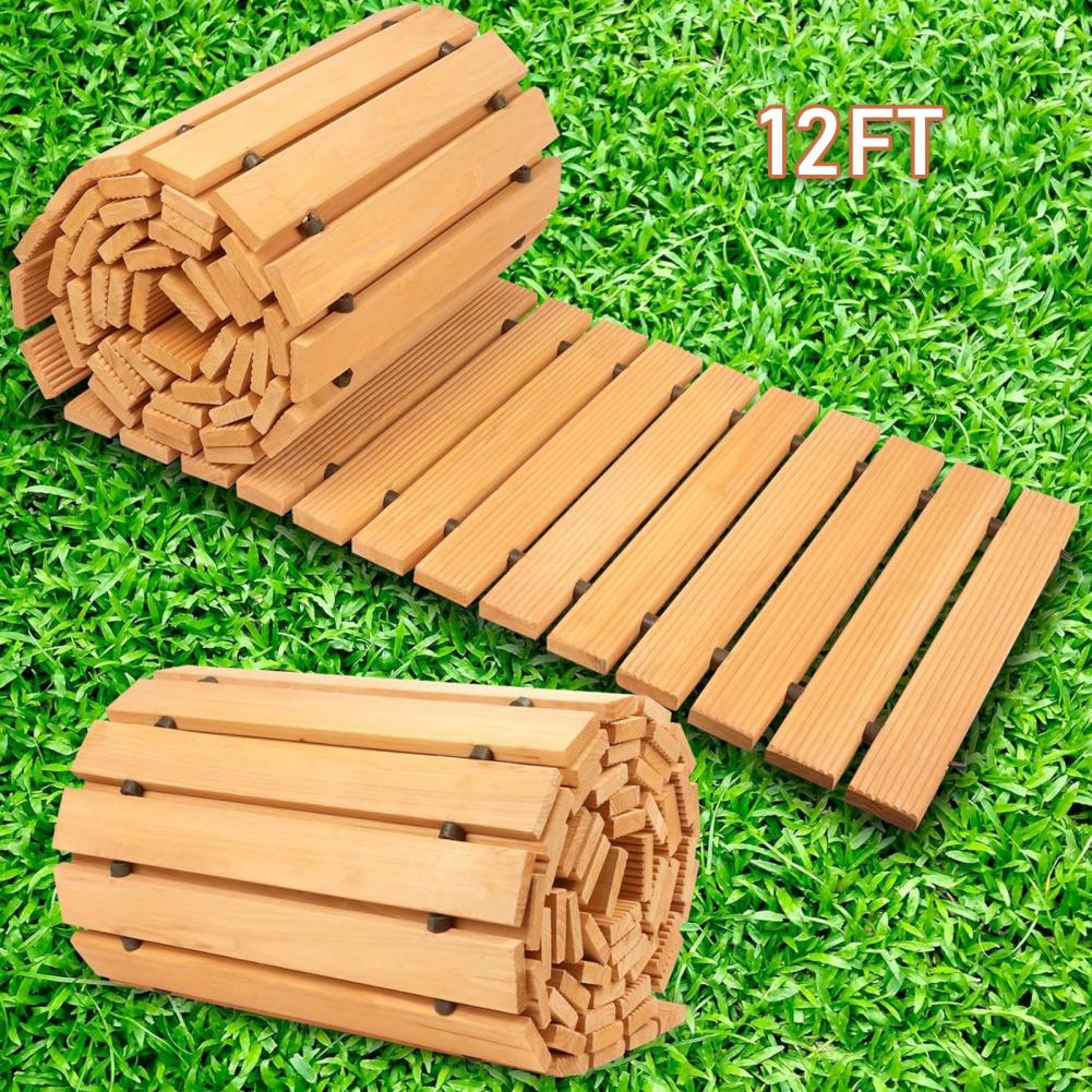 12ft Wooden Garden Pathway Roll – Outdoor Walkway Mat for Lawn Patio Backyard Roll Out Wood Stepping Stone Path