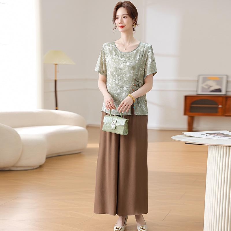 Women's Chinese Style Summer Two-Piece Set: Short Sleeve Top & Wide-Leg Pants