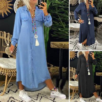 Robe d'automne et de printemps pour femme, simple boutonnage, revers, ample, manches longues, poche sur la poitrine, ourlet fendu, grande taille, boutons de couleur unie, ligne A, usage quotidien