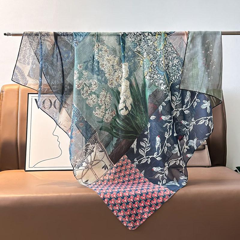 French retro ethnic style 111 imitation silk scarf large square scarf with shawl beach towel for women in spring and autumn