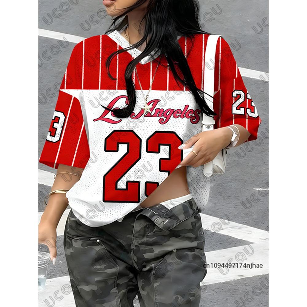 T-shirt a Strisce Estiva Nuova con Stampa Los Angeles 23 per Donna Scollo a V Patchwork Manica Corta Maglia Sportiva da Calcio Top Oversize Y2K