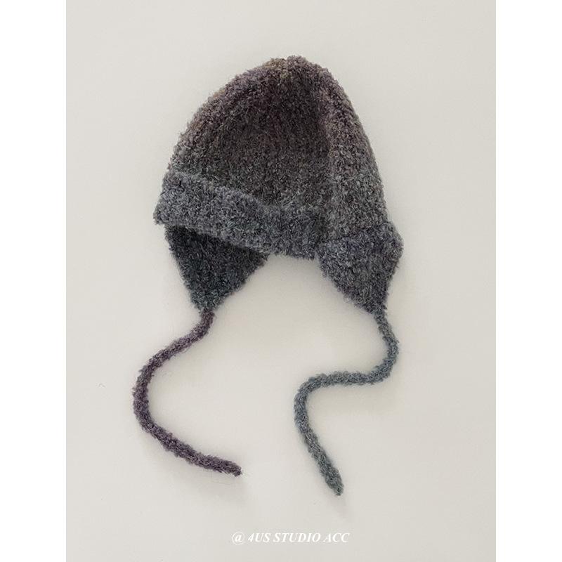 Niche Korean Style Gradient Wool Knitted Flying Hat Women's Autumn and Winter Warm Ear Protection Braided Lei Feng Hat Woolen Hat