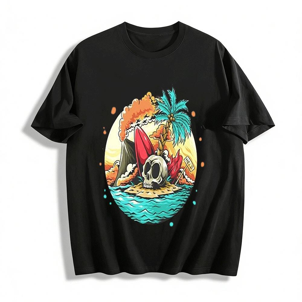 Vintage Skull Island Surf Print Tee Trendy Casual Unisex Top Pure cotton T-shirt XXS