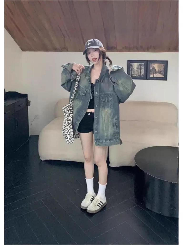 Damen 2025 Distressed Denimjacke - Amerikanischer Retro-Stil für Frühling & Herbst