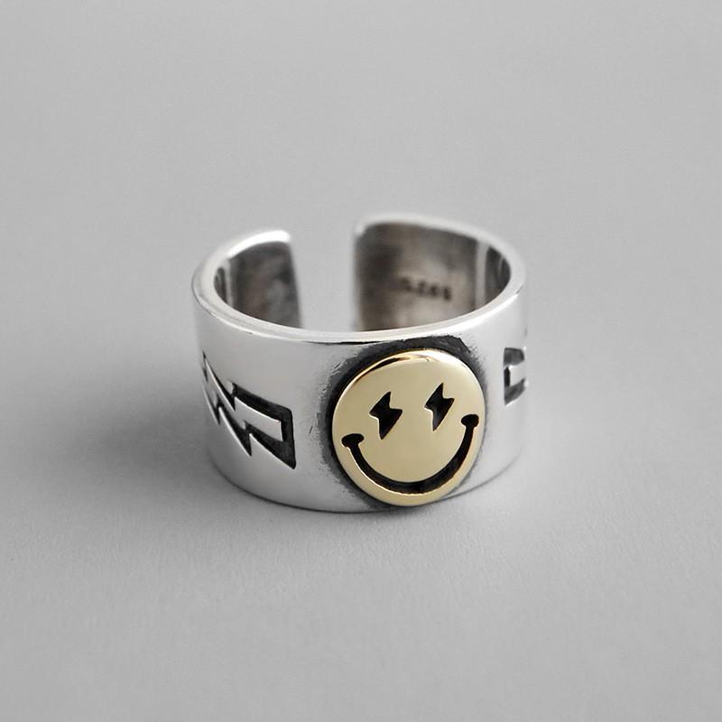 Adjustable Open Face Ring With Smiley Design Plated Copper Unisex Retro Style Statement Jewelry Finger