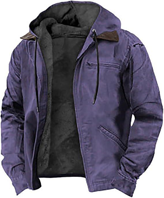 Men's Solid Color Hooded Cotton Jacket with Zipper Pockets and Plus Velvet Lining