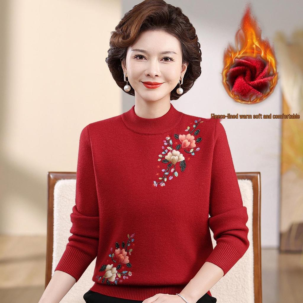 Mom's Velvet One-Piece Sweater for Women - Warm Embroidered Top for Middle-Aged & Elderly Women, Plus Velvet & Thickened for Autumn/Winter.