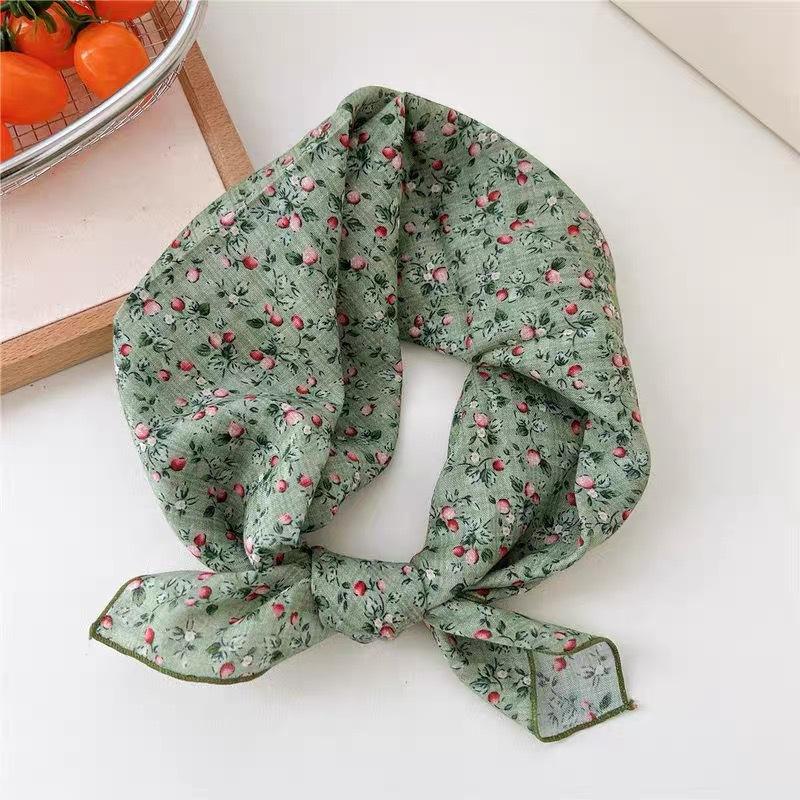 New Versatile Scarf Women's Cotton Linen Small Square Sweet Countryside Floral Lightweight Breathable Sunscreen Headscarf Wholesale